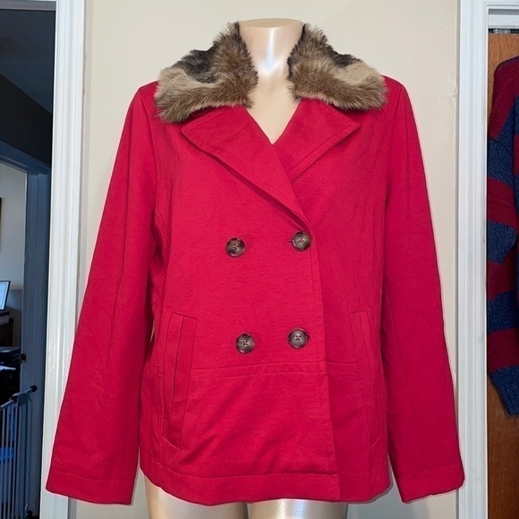 Chicos women’s large 12 coat jacket peacoat red faux fur collar stretch winter - Picture 2 of 9